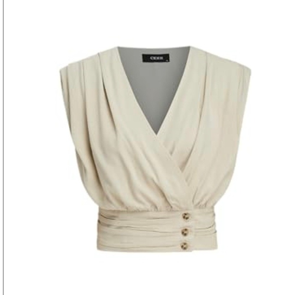 CIDER Beige Surplice‎ Wrap Top Padded Shoulder Button Waist Sleeveless tan M